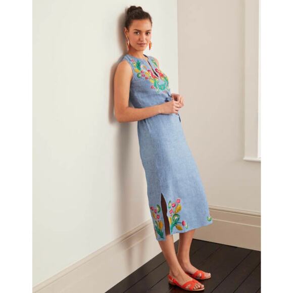 Boden blue chambray tropical bird embroidered linen midi dress - Picture 7 of 10